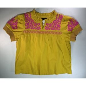 J Crew Shirt Womens Large Embroidered Cotton Poplin Puff-Sleeve Boho‎ Top AK604